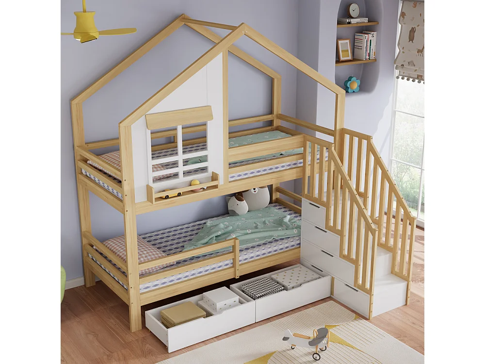 Litera infantil 90×200 cm con cajones con ruedas, escalera de seguridad, pino MDF, blanco + natural, ventanas