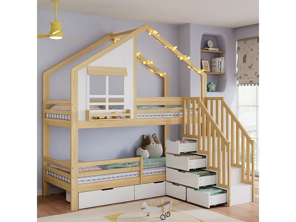 Litera infantil 90×200 cm con cajones con ruedas, escalera de seguridad, pino MDF, blanco + natural, ventanas
