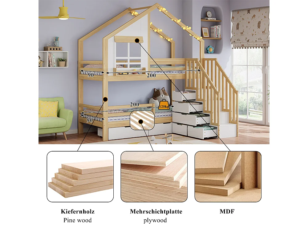 Litera infantil 90×200 cm con cajones con ruedas, escalera de seguridad, pino MDF, blanco + natural, ventanas