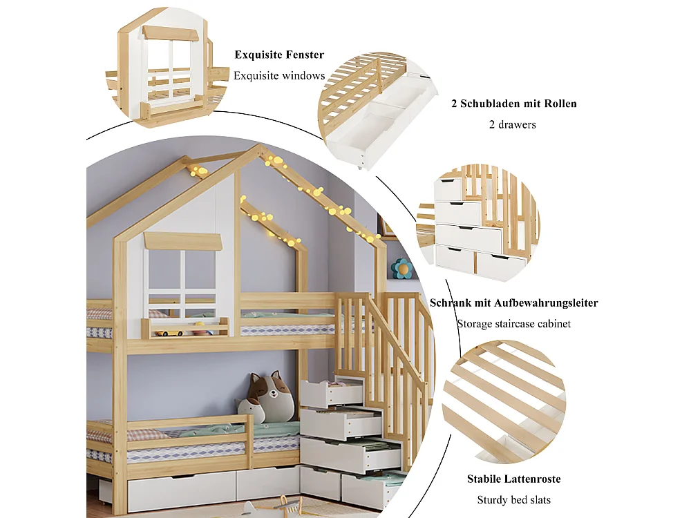 Litera infantil 90×200 cm con cajones con ruedas, escalera de seguridad, pino MDF, blanco + natural, ventanas
