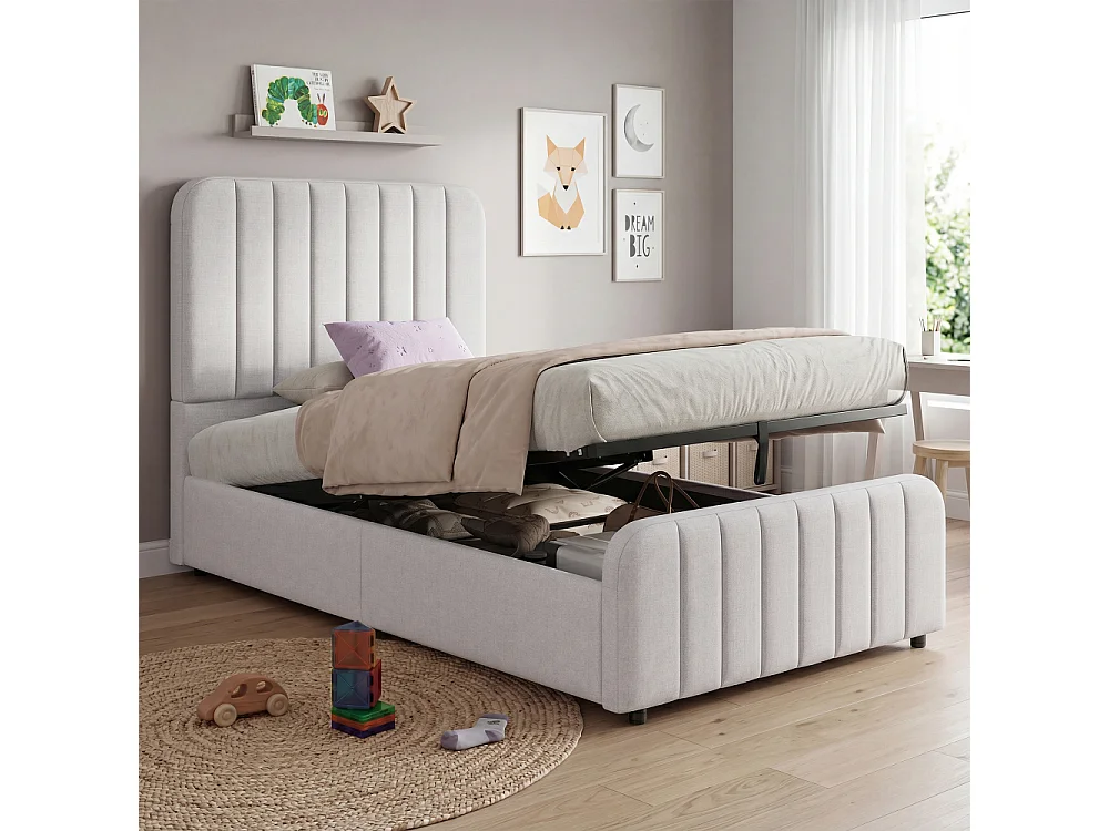 Lit rembourré 90x200 cm pour enfant avec rangement hydraulique, revêtement en lin, tête de lit et sommier à lattes