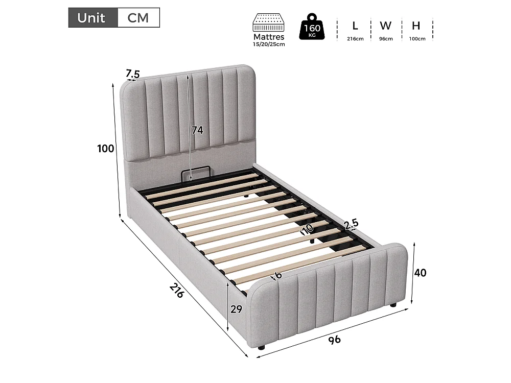 Lit rembourré 90x200 cm pour enfant avec rangement hydraulique, revêtement en lin, tête de lit et sommier à lattes