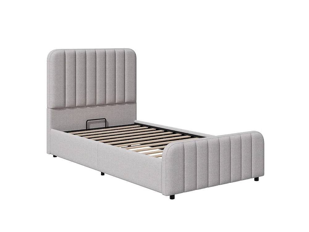 Lit rembourré 90x200 cm pour enfant avec rangement hydraulique, revêtement en lin, tête de lit et sommier à lattes