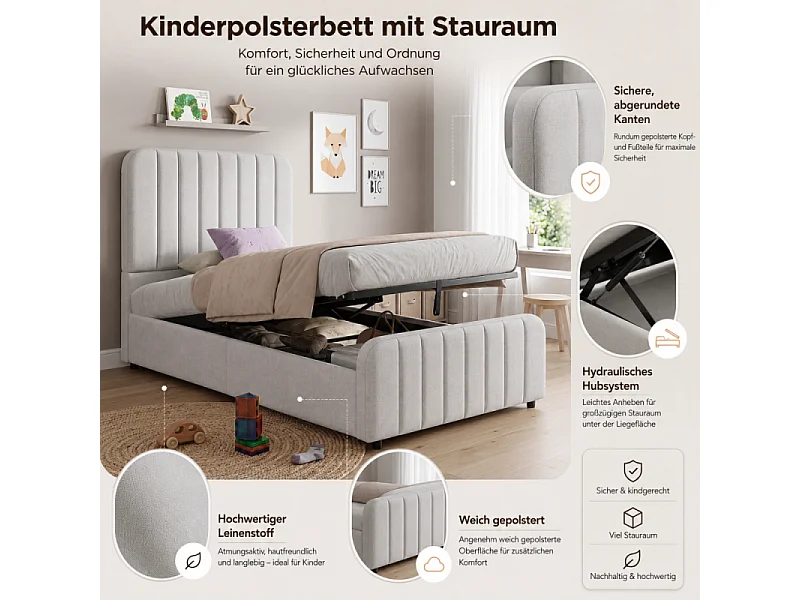 Lit rembourré 90x200 cm pour enfant avec rangement hydraulique, revêtement en lin, tête de lit et sommier à lattes