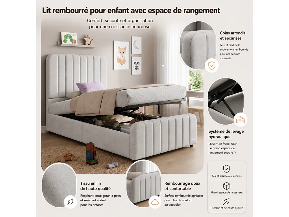 Lit rembourré 90x200 cm pour enfant avec rangement hydraulique, revêtement en lin, tête de lit et sommier à lattes