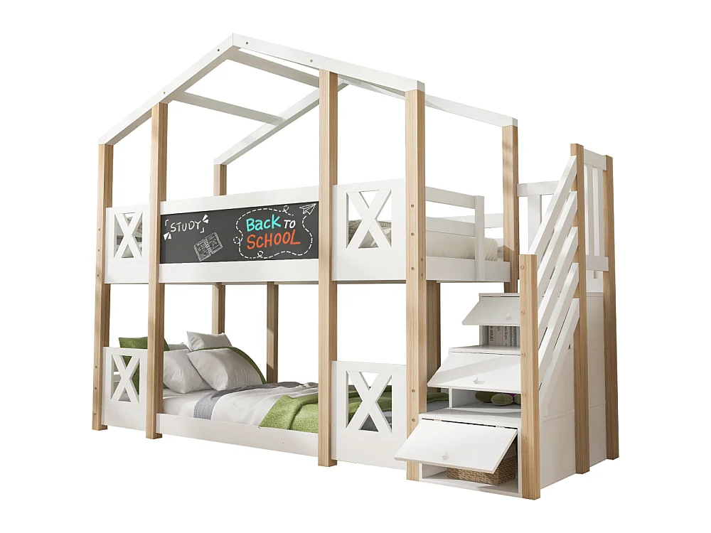 Kinderstapelbed 90x200 cm boomhutbed met veilige opbergtrap EN747 wit hout