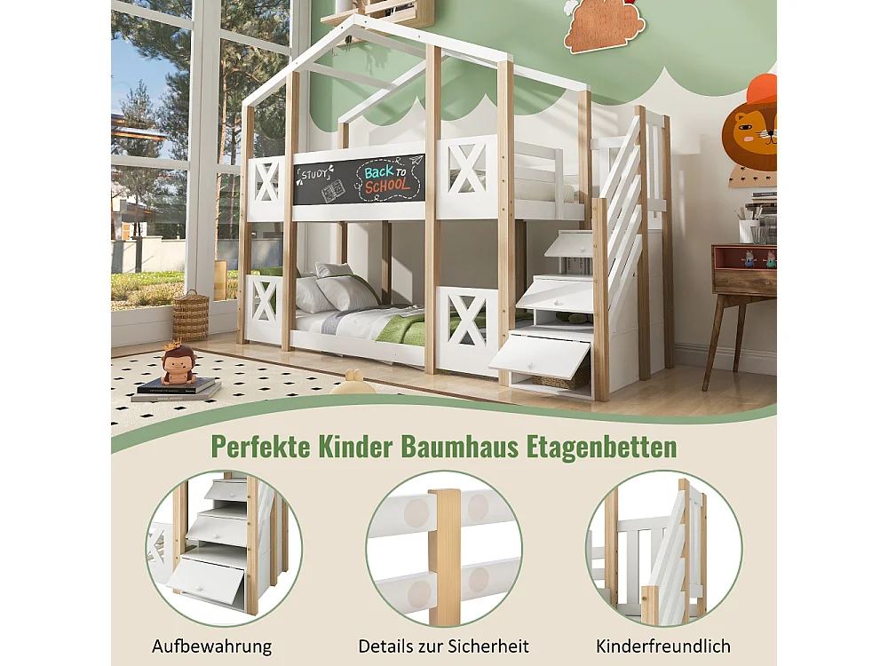Kinderstapelbed 90x200 cm boomhutbed met veilige opbergtrap EN747 wit hout