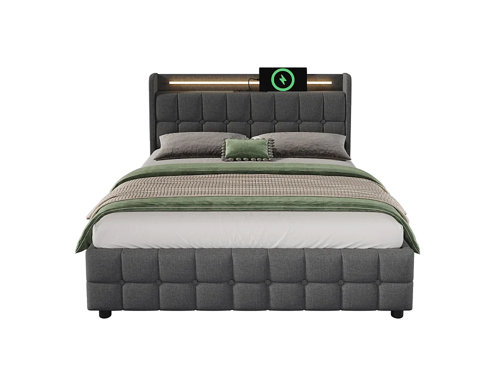Letto Matrimoniale 160x200 cm Grigio con USB, LED e 4 Cassetti – Stile Moderno e Ultra Funzionale