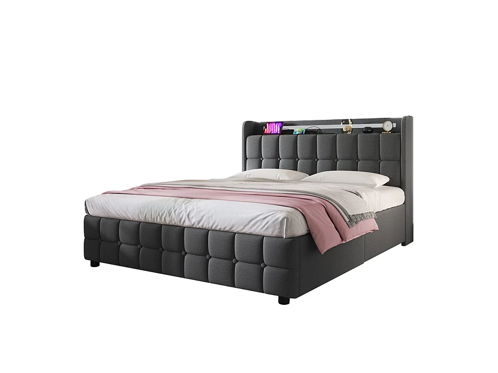 Letto Matrimoniale 160x200 cm Grigio con USB, LED e 4 Cassetti – Stile Moderno e Ultra Funzionale