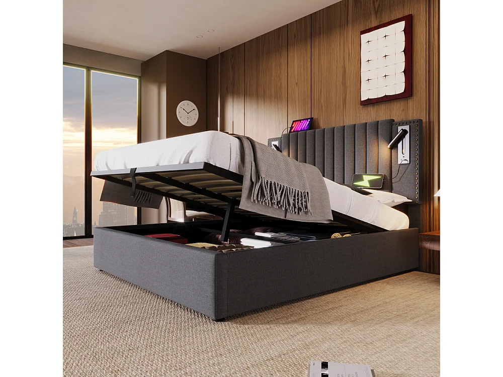 Lit rembourré 140x200 avec coffre de rangement, LED lecture, USB-C,tête réglable en hauteur, design à rivets, coton,sommier,lit double, sans matelas
