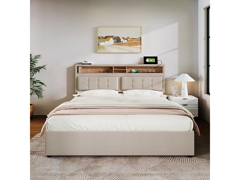 Cama Doble con USB-C, Cabecero Regulable y Cofre de Almacenamiento – Confort Inteligente en Lino
