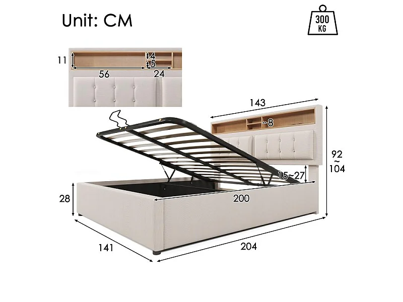 Cama Doble con USB-C, Cabecero Regulable y Cofre de Almacenamiento – Confort Inteligente en Lino