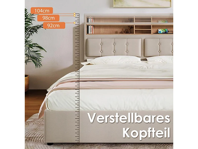 Cama Doble con USB-C, Cabecero Regulable y Cofre de Almacenamiento – Confort Inteligente en Lino