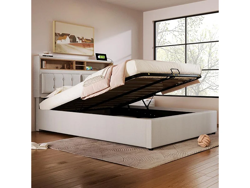 Cama Doble con USB-C, Cabecero Regulable y Cofre de Almacenamiento – Confort Inteligente en Lino