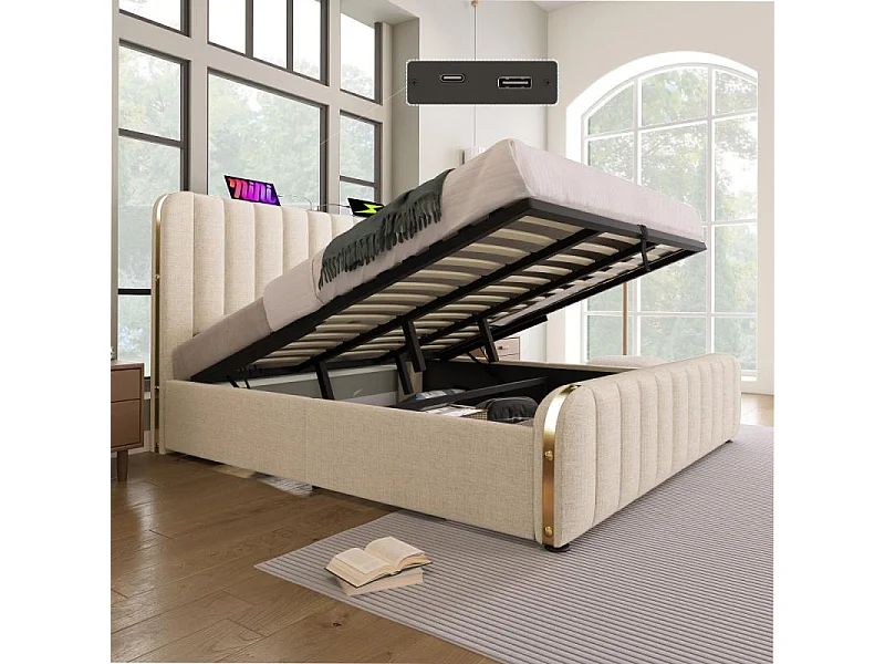 Letto contenitore 180x200 cm imbottito lino beige USB-C testiera dorata idraulico metallo 226kg stile lusso