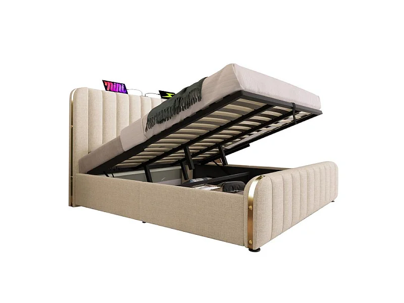 Letto contenitore 180x200 cm imbottito lino beige USB-C testiera dorata idraulico metallo 226kg stile lusso