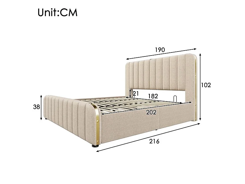 Letto contenitore 180x200 cm imbottito lino beige USB-C testiera dorata idraulico metallo 226kg stile lusso