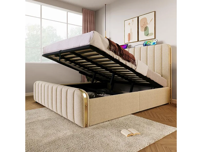 Letto contenitore 180x200 cm imbottito lino beige USB-C testiera dorata idraulico metallo 226kg stile lusso