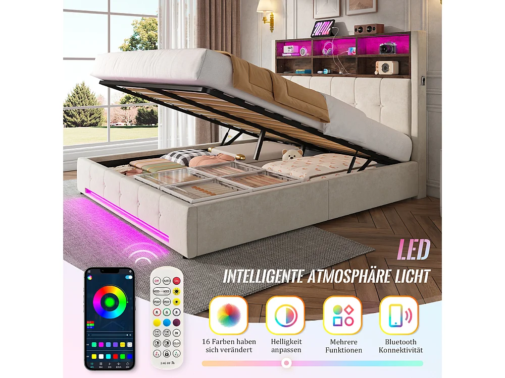 Lit coffre 160x200 cm en velours avec tête de lit multifonction LED USB-C rangement hydraulique