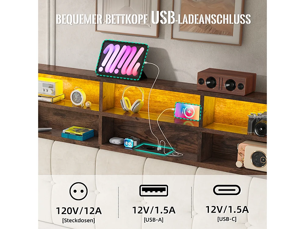 Lit coffre 160x200 cm en velours avec tête de lit multifonction LED USB-C rangement hydraulique