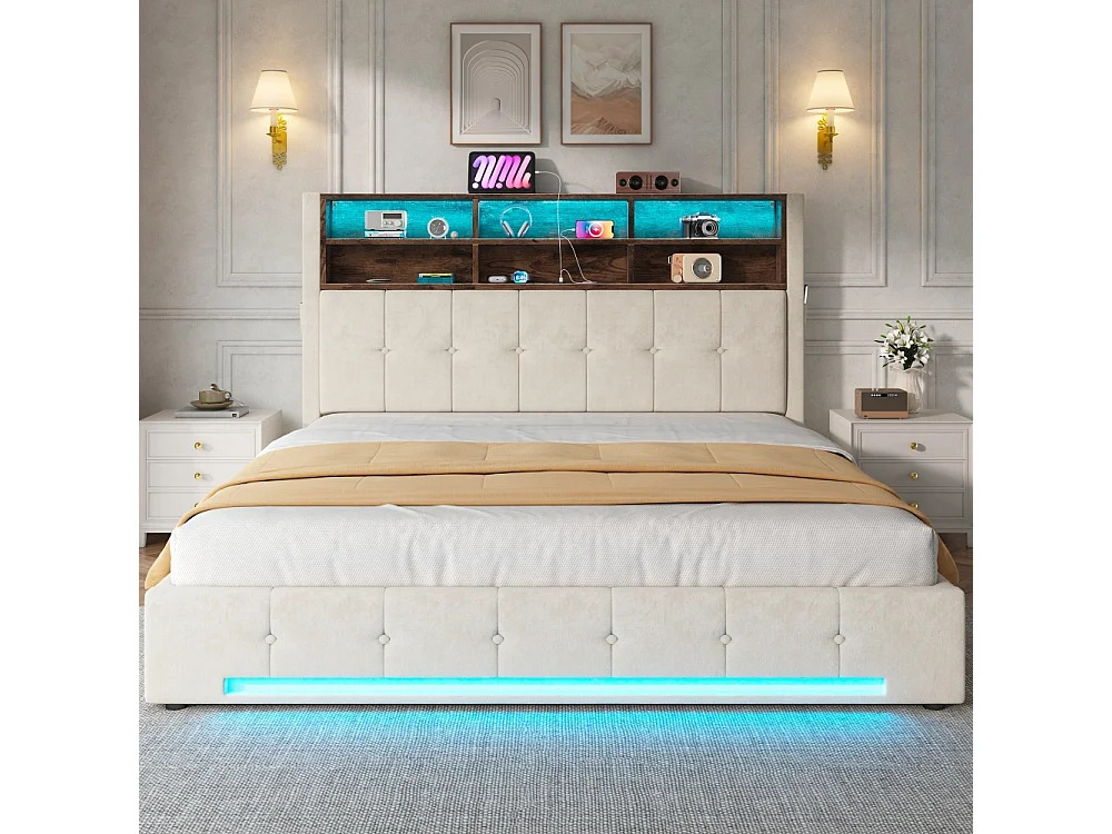 Lit coffre 160x200 cm en velours avec tête de lit multifonction LED USB-C rangement hydraulique