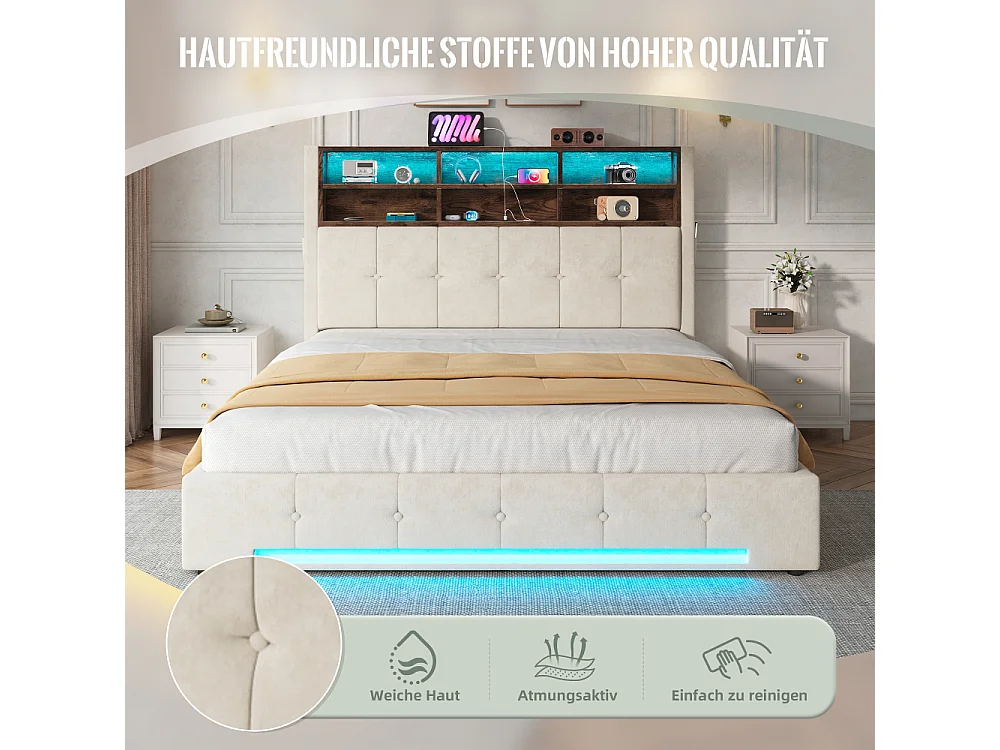 Lit coffre 160x200 cm en velours avec tête de lit multifonction LED USB-C rangement hydraulique
