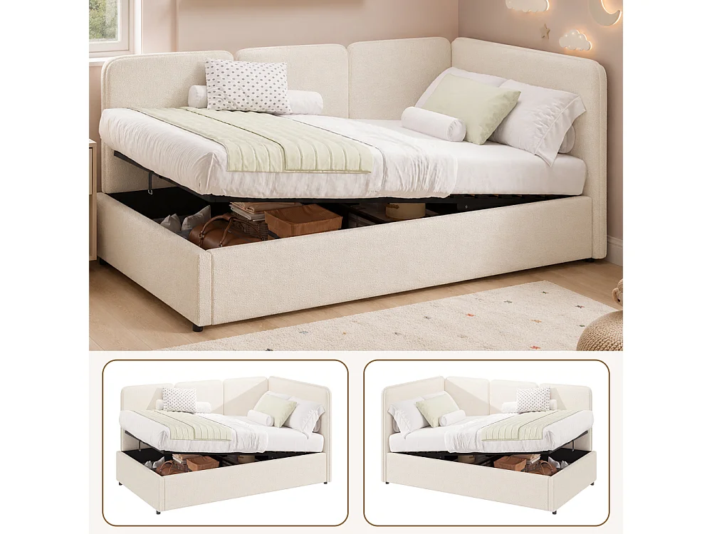 Lit banquette extensible 90x200 cm avec coffre hydraulique, revêtement bouclé beige, couchage enfant modulable