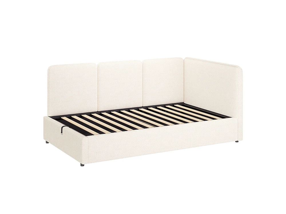 Lit banquette extensible 90x200 cm avec coffre hydraulique, revêtement bouclé beige, couchage enfant modulable