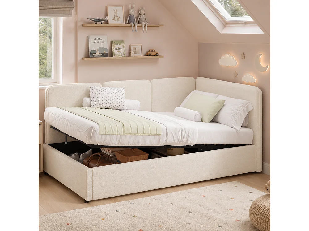 Lit banquette extensible 90x200 cm avec coffre hydraulique, revêtement bouclé beige, couchage enfant modulable