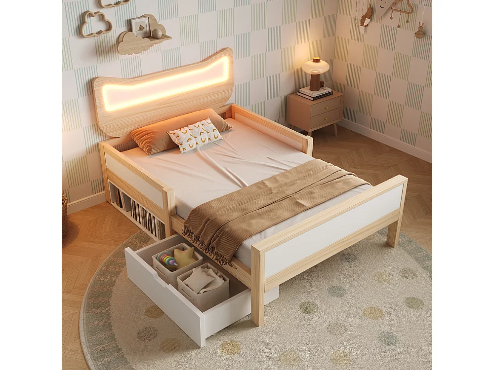 Letto bambino 90x200 cm con orecchie da gatto LED, legno bianco e rovere, cassetto e vano, protezione laterale, senza materasso