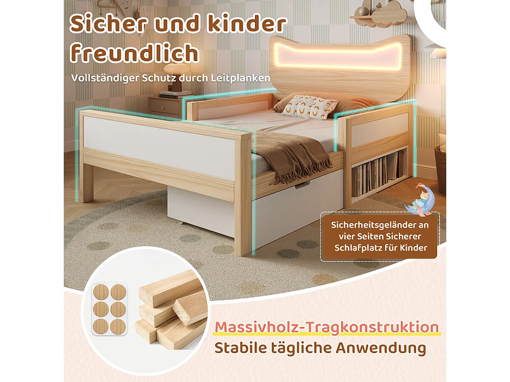 Letto bambino 90x200 cm con orecchie da gatto LED, legno bianco e rovere, cassetto e vano, protezione laterale, senza materasso