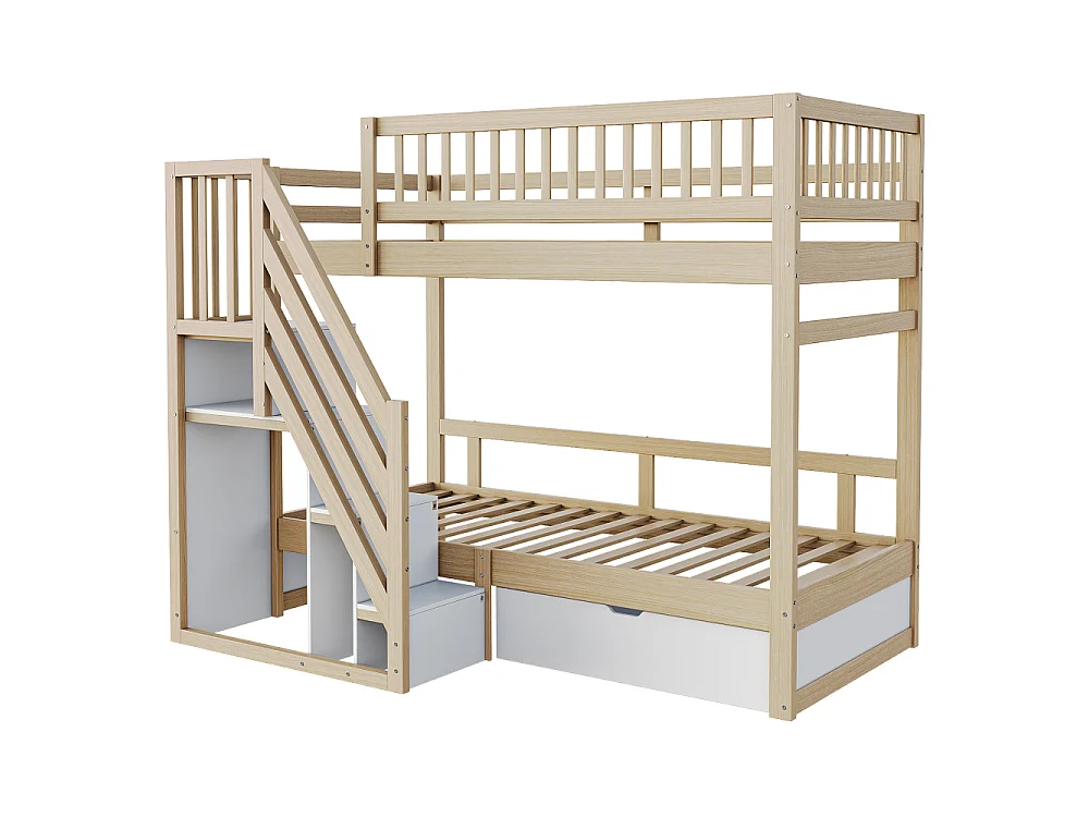 Letto a castello in legno massello 90×200 – letto per bambini e ragazzi salvaspazio con contenitore integrato e sicurezza rinforzata