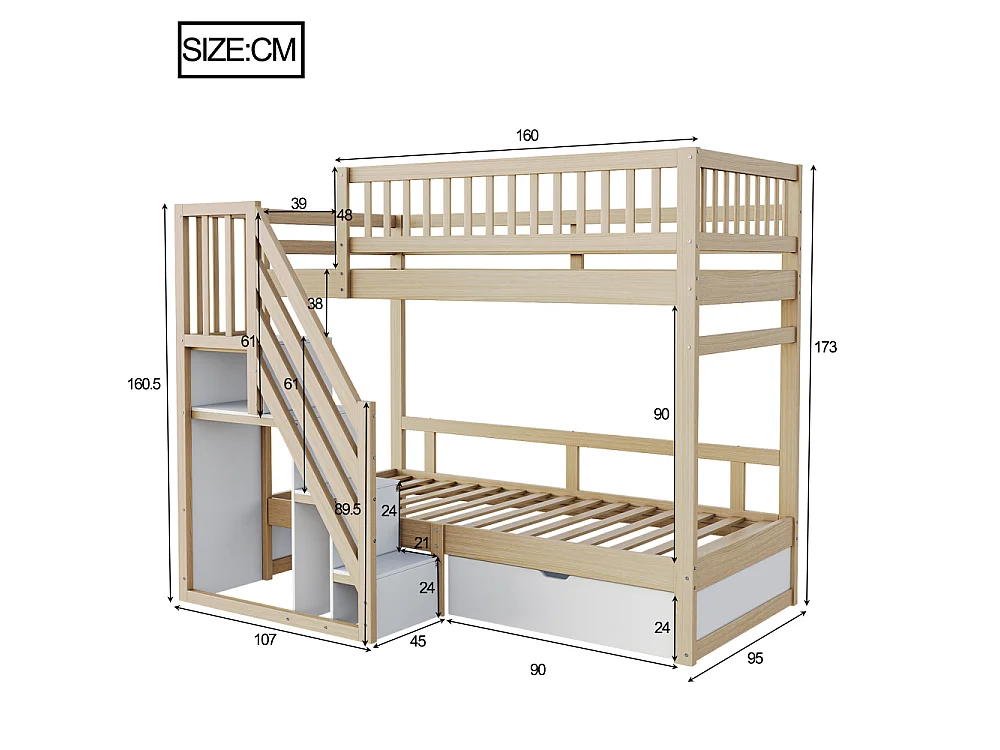 Letto a castello in legno massello 90×200 – letto per bambini e ragazzi salvaspazio con contenitore integrato e sicurezza rinforzata