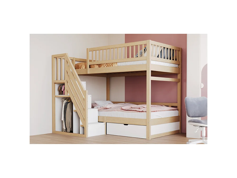 Letto a castello in legno massello 90×200 – letto per bambini e ragazzi salvaspazio con contenitore integrato e sicurezza rinforzata