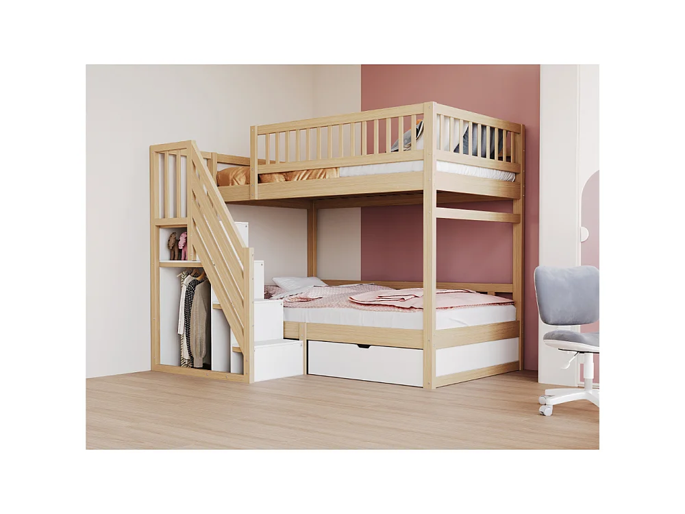 Letto a castello in legno massello 90×200 – letto per bambini e ragazzi salvaspazio con contenitore integrato e sicurezza rinforzata
