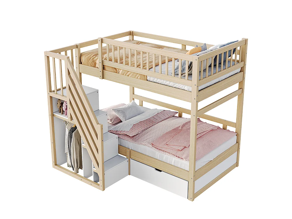 Letto a castello in legno massello 90×200 – letto per bambini e ragazzi salvaspazio con contenitore integrato e sicurezza rinforzata