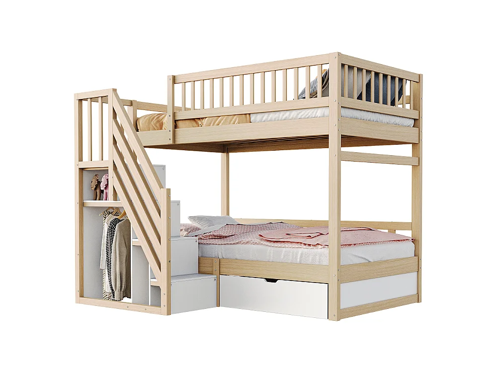 Letto a castello in legno massello 90×200 – letto per bambini e ragazzi salvaspazio con contenitore integrato e sicurezza rinforzata
