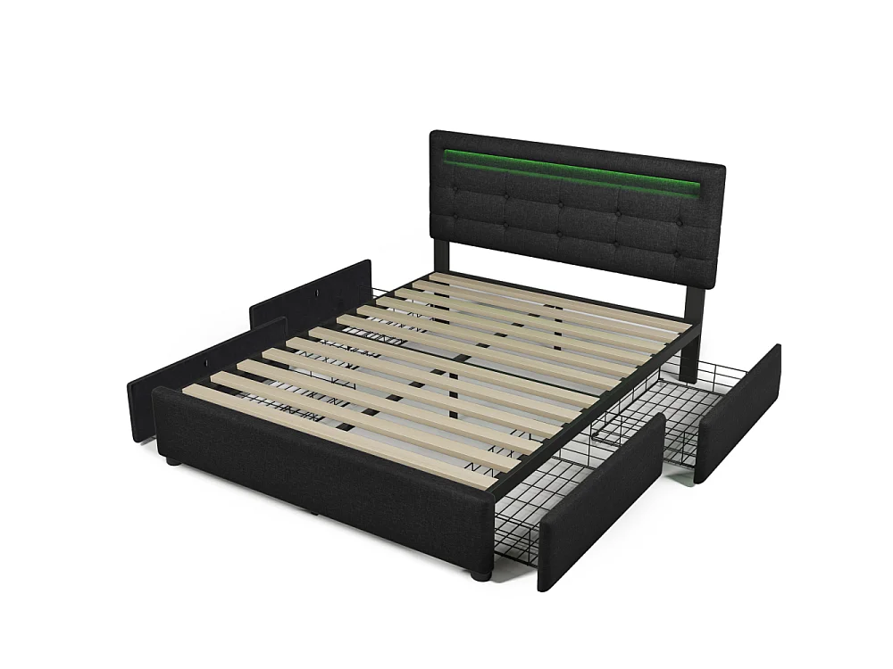Tweepersoonsbed 140×200 met LED, inclusief matras, 4 opberglades en verstelbaar designhoofdeinde