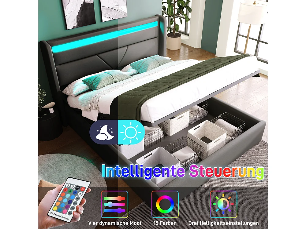 Cama de almacenaje hidráulica LED tapizada PU doble cama funcional con mando a distancia almacenaje