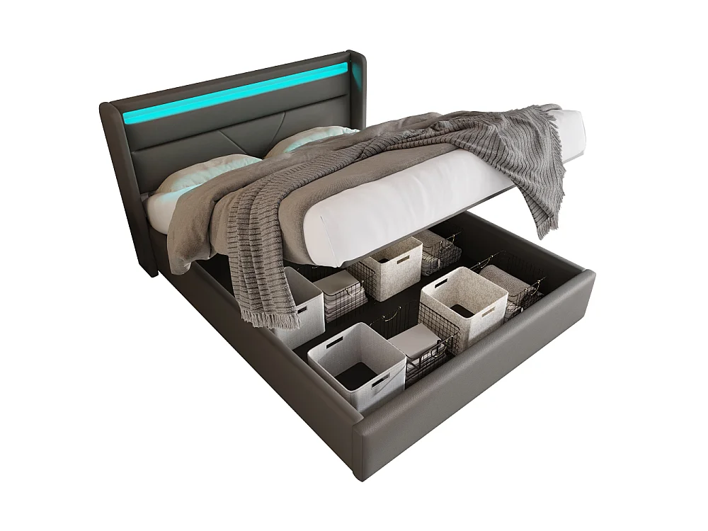 Cama de almacenaje hidráulica LED tapizada PU doble cama funcional con mando a distancia almacenaje
