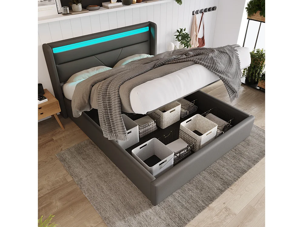 Cama de almacenaje hidráulica LED tapizada PU doble cama funcional con mando a distancia almacenaje
