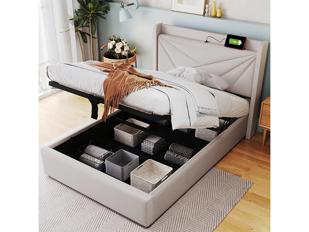 Lit Simple 90x200 cm avec Matelas 406 Ressorts, Coffre de Rangement, USB Type-C et Tête de Lit Géométrique en Tissu Lin
