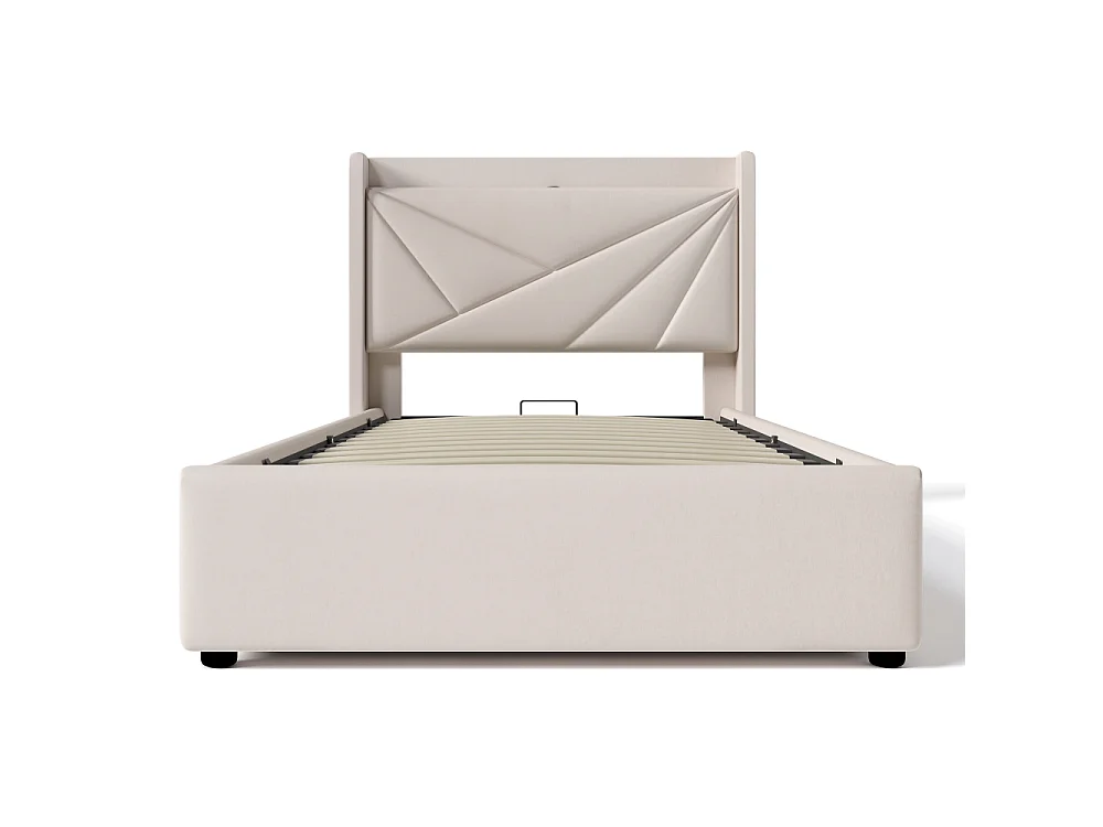 Lit Simple 90x200 cm avec Matelas 406 Ressorts, Coffre de Rangement, USB Type-C et Tête de Lit Géométrique en Tissu Lin