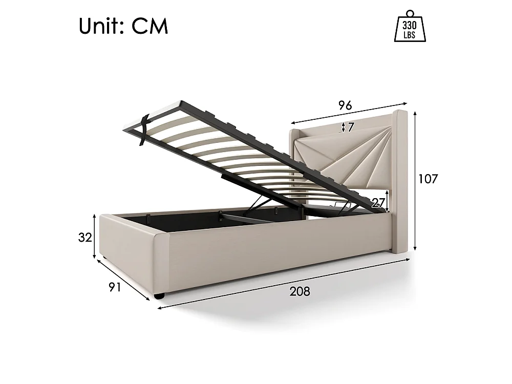 Lit Simple 90x200 cm avec Matelas 406 Ressorts, Coffre de Rangement, USB Type-C et Tête de Lit Géométrique en Tissu Lin