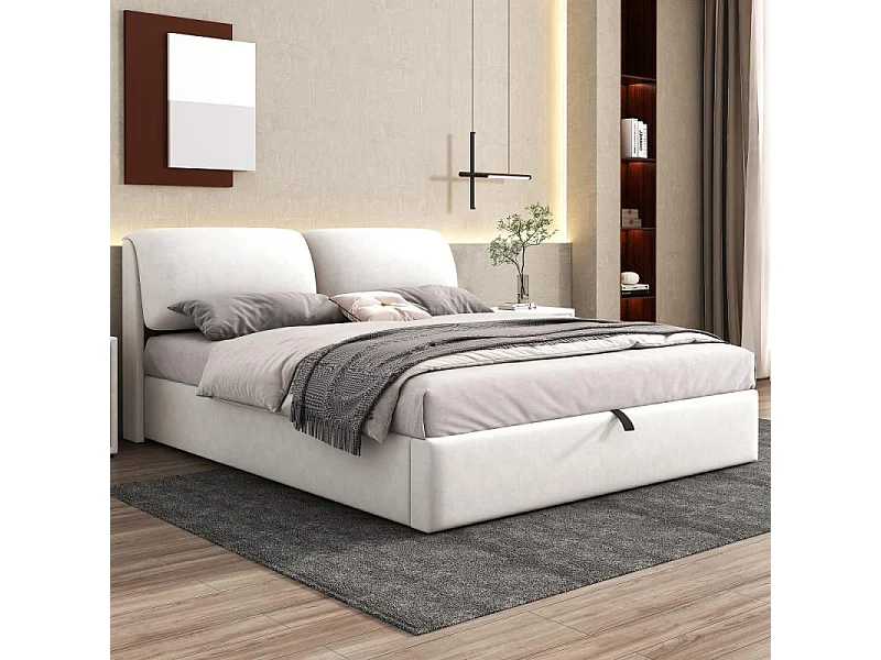 Letto rivestito in velluto beige 160x200 con sollevamento idraulico, 3 cassetti, rete a doghe, testata regolabile, contenitore integrato