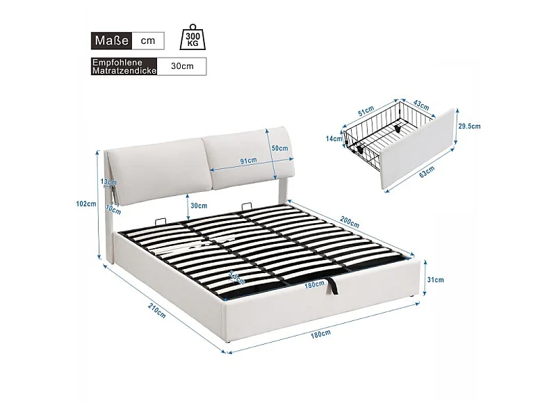 Letto rivestito in velluto beige 160x200 con sollevamento idraulico, 3 cassetti, rete a doghe, testata regolabile, contenitore integrato