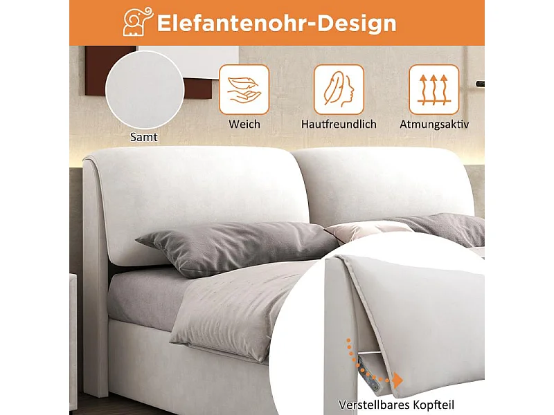 Letto rivestito in velluto beige 160x200 con sollevamento idraulico, 3 cassetti, rete a doghe, testata regolabile, contenitore integrato