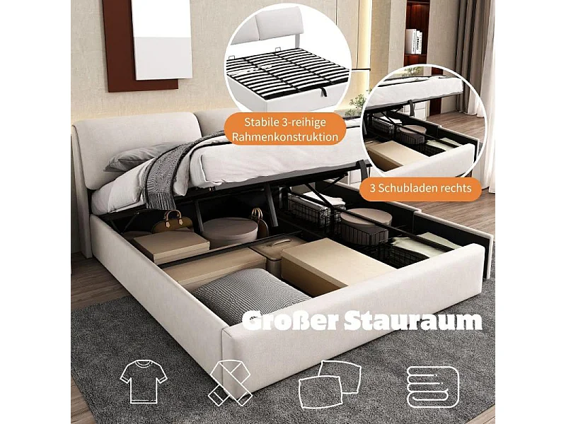 Letto rivestito in velluto beige 160x200 con sollevamento idraulico, 3 cassetti, rete a doghe, testata regolabile, contenitore integrato