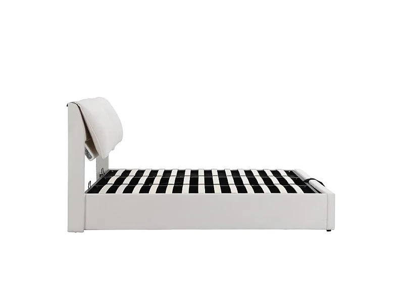Letto rivestito in velluto beige 160x200 con sollevamento idraulico, 3 cassetti, rete a doghe, testata regolabile, contenitore integrato