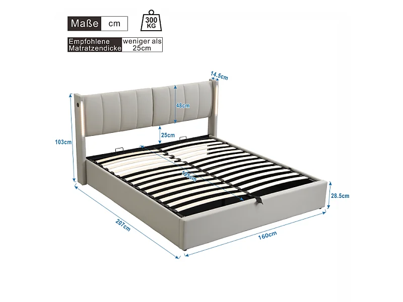 Letto LED Binaurale Imbottito 160x200 cm Idraulico PU Grigio USB-C Design Moderno
